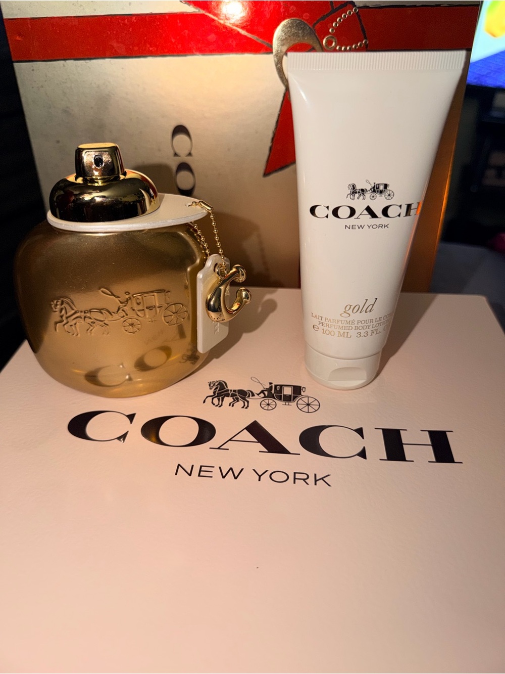 Coach Gold perfume, and lotion set